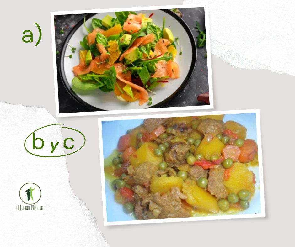 Ensalada de aguacate, salmón con guiso de ternera.